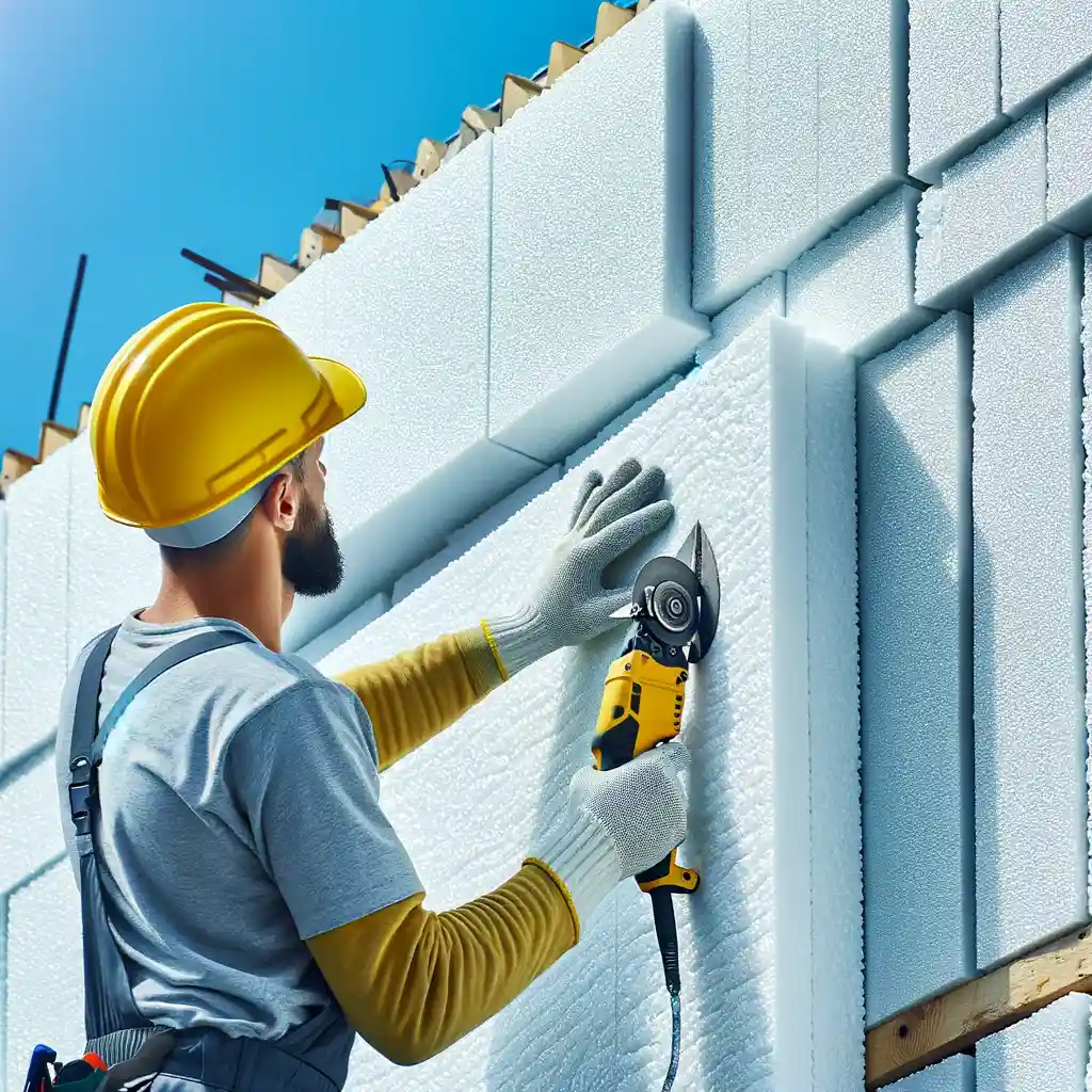 Un ouvrier appliquant une isolation écologique strasbourg en polystyrène expansé sur la façade d'un bâtiment, avec un détail modifié, a Strasbourg